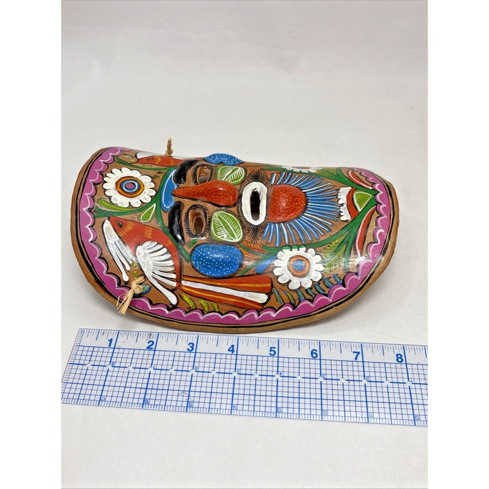Hand painted Mexican Folk Art Terracotta Clay Mask Wall Hanging And Maracas Vtg - Picture 4 of 8